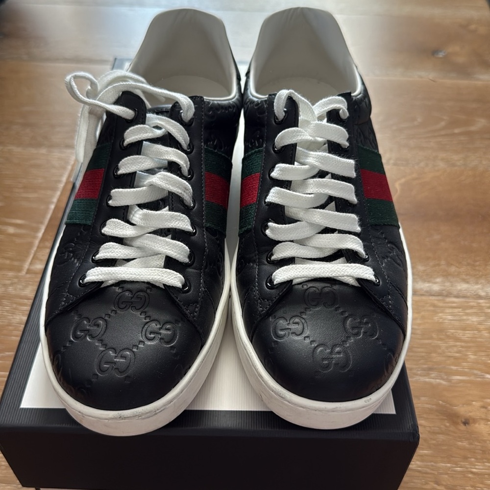 Gucci Black Leather Sneakers with Red and Green Accents